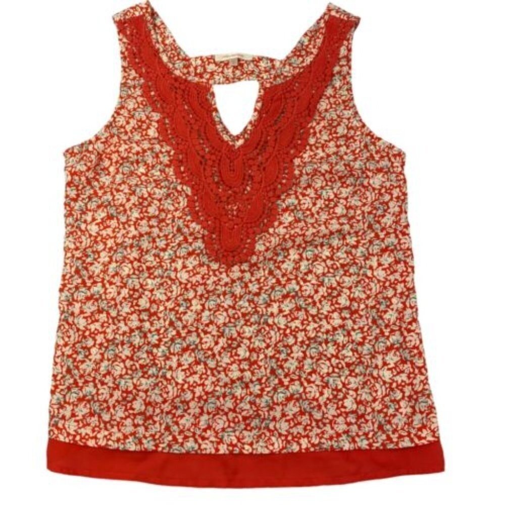 Skies Are Blue Red & Cream Floral Crochet Detail Sleeveless Blouse Top
